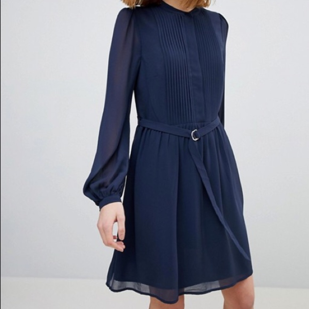 Warehouse Sheer Sleeve Belted Chiffon Shirt Dress